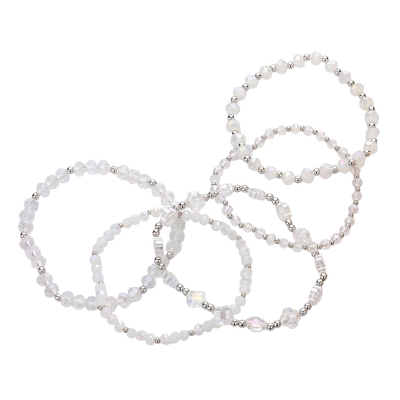 Clear Faceted Beaded 5 Piece Stacked MultiLayered Stretch Bracelets Jewelry - Picture 2 of 4